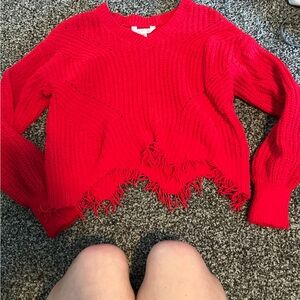 No Boundaries Red V-Neck Fringed Sweater